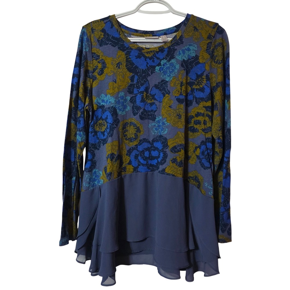 LOGO Lori Goldstein Women Large Tunic Blue Floral Mixed Media Layered Top